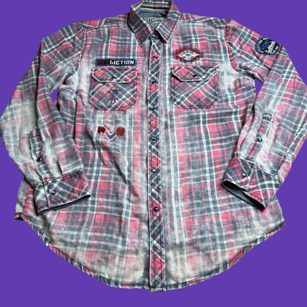 Affliction Plaid Flannel Shirt L Red Pearl Snap Embroidered Grunge Faded
